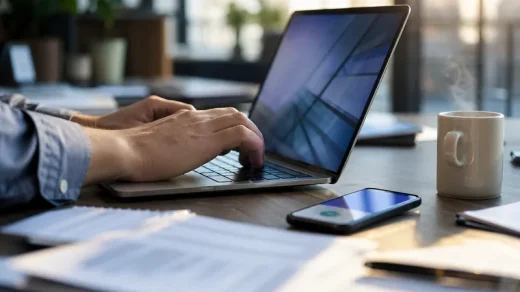 Person arbetar vid skrivbord med laptop och smartphone, naturligt dagsljus