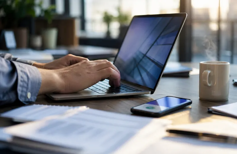 Person arbetar vid skrivbord med laptop och smartphone, naturligt dagsljus
