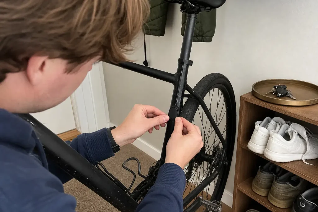 Person monterar en spårningstag som stöldskydd på cykelramen i hallen hemma