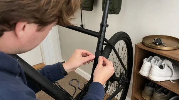 Person monterar en spårningstag som stöldskydd på cykelramen i hallen hemma