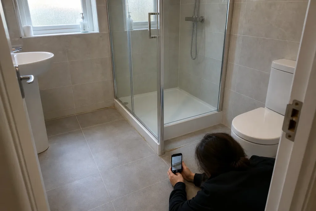 Nyrenoverat badrum där en person fotograferar en missfärgning vid golvlisten inför att reklamera badrum vid fel och brister.