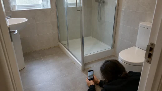 Nyrenoverat badrum där en person fotograferar en missfärgning vid golvlisten inför att reklamera badrum vid fel och brister.