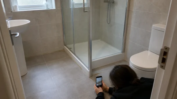 Nyrenoverat badrum där en person fotograferar en missfärgning vid golvlisten inför att reklamera badrum vid fel och brister.